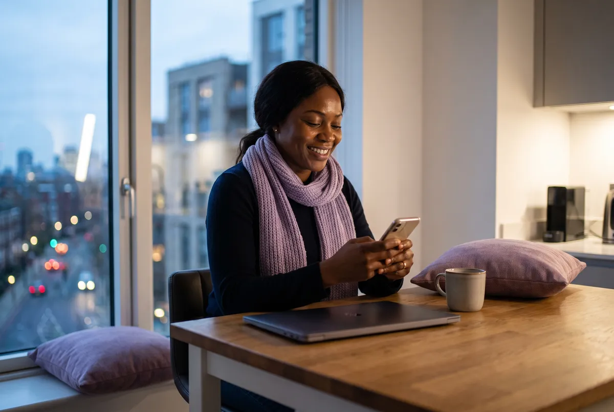 Nigerian woman living abroad reading a daily update about her mother from the SiriusMed care nurse