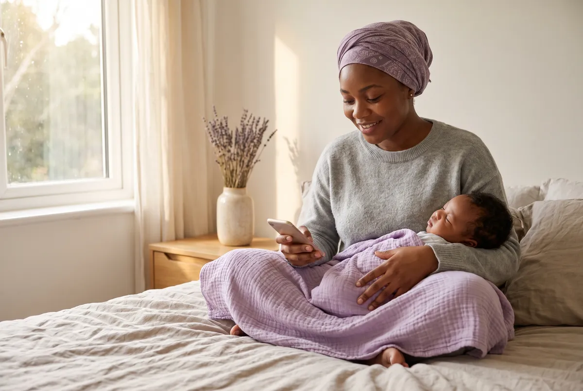 Young Nigerian mother holding her baby while checking antenatal and immunization reminders on her phone