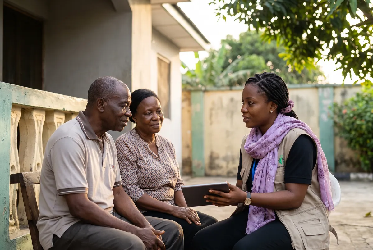 Community health worker in Nigeria using a tablet to follow up with residents during an outreach visit